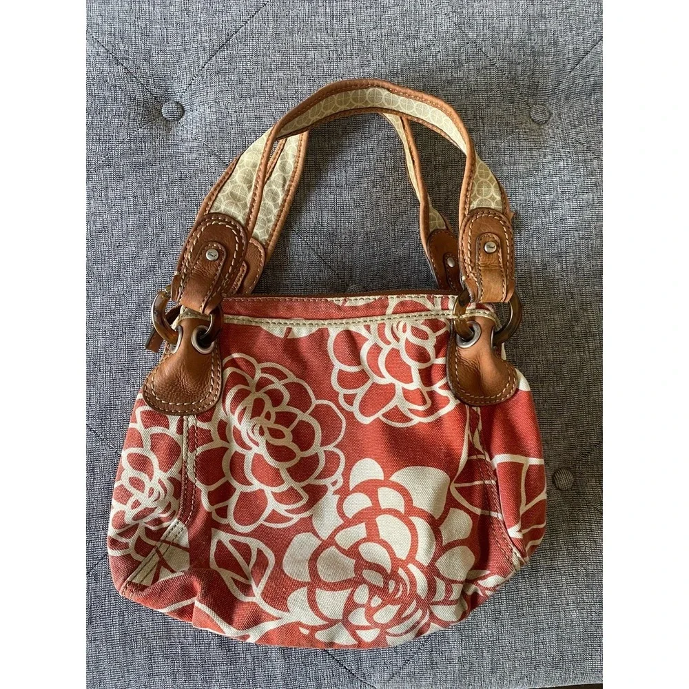 Vintage Fossil Red Floral Canvas Hobo Shoulder Bag